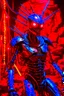 Placeholder: A seemingly sinister humanoid being made entirely of sharpened metal blades and spikes. It has glowing red eyes. The setting is a desert cave. The are impaled humans connected to an organic machine in the background. Photograph.