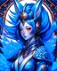 Placeholder: Create an ethereal. Kitsune, girl, dark blue hair and ears, fluffy ears, highly detailed, precise line work, samurai armor, big face