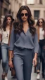 Placeholder: The fashion show walk onto the street. Realistic photo. Women mature size XL, wear an outfit. pants Brunettes, dark brown-haired women with slightly tanned skin and dark eyes are suitable for active and rich, deep colors. It can be indigo or rich ultramarine.