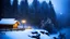 Placeholder: fir forrest scenery, heavy mist,mist shadows,valley,creek,forest,christmas lanterns,tree,,nature,night,snow,fir tree,high-quality photograph