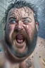 Placeholder: full figure shot photography of 43 years old wet sweat burly chubby very ugly italian plumber smiling under the shower , hands behind the head , manly chest , in white overalls, beard , wet, sweat, curly hairs, tattoo, big tights, photorealistic, Canon EOS, hyper-realistic, very detailed, drunk eyes, natural colours, sunlight, ambient occlusion, the light shines on wet skin