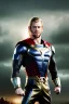 Placeholder: retro portrait image from 1960, sky background, wind, extra long blonde hair, fighting stance, young Chris Hemsworth, clean shave face, black dress, classic long tight lycra black suit, 2 steel disc in busty, big red cap, silver arms, gold bracelet and belt, high boots, soft color, highly detailed, classic comic Thor style, unreal engine 5, ray tracing, RTX, lumen lighting, ultra detail, volumetric lighting, 3d, finely drawn, high definition, high resolution.