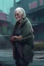 Placeholder: cyberpunk saggy granny woman, abandoned sci-fi town, future, sci-fi