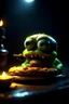 Placeholder: A alien cheeseburger creature eating itself, claymation, cinematic, moody lighting