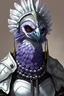 Placeholder: 3/4 hips-up portrait of an aarakocra in typical d&d book artstyle. l Wearing ceremonial armor similar in design to ceremonial armor from the Old Republic MMO, but silver. She has desaturated, light purple feathers with black around the eyes and white under her beak and through her neck. Wearing a large silver semi-circular headdress, and medium-length chain tassels . Has a sharp black beak, and wears a regal expression.