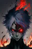 Placeholder: Anime with wight hair and black clothes and power fire and eyes of sharengan and cool face and blood in face