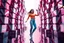Placeholder: beautiful lady with todays modern clothing and sport shoes, in surreal stage made of 3d fractal random size recursive objects with helical strip colors in clothing similar to environment full body dancing to camera,animating background metallic random color cubes