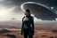 Placeholder: a female Starfleet cadet stands amidst a desolate landscape beside a starship. Her torn jacket uniform billows in the wind, a symbol of resilience in the face of adversity. Horror is etched across her face as she gazes towards the distant horizon, where a monstrous entity looms ominously, a nightmare given form in the vast expanse of space. The starship's hull gleams under the gentle light of distant stars, a beacon of hope shining amidst the desolation of the alien world. The cadet's heart race