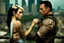 Placeholder: Jason David Frank short dark hair with tribal tattoos hugging pretty blonde shorthaired girl, photo realistic, dark fantasy, cityscape