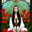 Placeholder: Stained Glass Art Nouveau art style A beautiful as a model asian woodland elf princess who looks like a young Lucy Liu seated on a throne surrounded by poppies in a mystical forest, photo-realistic