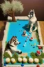 Placeholder: Birthday cake topped with a pool table, apricot tree and a husky dog