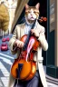 Placeholder: One single mature cat playing violin on the street, Vienna, friendly, model style, hyper realistic, extremely accurate, delicate, extremely detailed, Graphic novel style, wide-angle, open aperture, superfine pencil