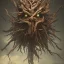 Placeholder: monster made out of twigs and leaves, decaying, in a bare forest, dramatic, dramatic lighting, volumetric lighting, hyperrealism, 8k, high quality, photorealistic, lot of details