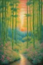 Placeholder: A lime green forest filled with flowers and bamboo trees in sunset designed in Navajo woven art painted by Claude Monet, Busch painting style ,