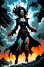 Placeholder: create a surreal horror comic style full body illustration of malevolent female vampire conjuring a violent storm , with highly detailed facial features, in the comic art style of RICHARD CORBEN and FRANK FRAZETTA, searing lines and forceful strokes, precisely drawn, boldly inked, with gritty textures, vibrant colors, dark and dramatic otherworldly lighting