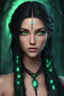 Placeholder: Young beautiful female Hexblood. Lightly tanned skin. Long silky jet-black hair with elegant half braids, the rest flowing straight down her back. Bright glowing pale emerald-green eyes. Delicate facial features, full lips, soft but mischievous smile. Subtle dark vine-like markings across her neck and collarbone. Ethereal beauty with a mysterious aura. Realistic dark fantasy, highly detailed, cinematic lighting.