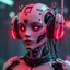 Placeholder: a robot from a dystopian future, cyberpunk aesthetic, worn with age, neon, feminine