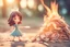 Placeholder: paper money stacks, cute chibi brunette princess desperately throwing a pile of paper money onto a burning bonfire with a pitchfork in sunshine, ethereal, cinematic postprocessing, bokeh, dof