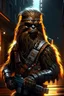 Placeholder: cyberpunk gangster chewbacca in Rembrandt lighting street art style