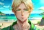 Placeholder: The handsome and perfect portrait is on Spruce Street, anime, blonde-haired and green-eyed male character on the beach for the magazine, 8K resolution, high quality, ultra graphics, and detailed with lines.