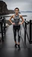 Placeholder: photography of a beautiful anorexic woman, grey satin triathlon top, sports illustrated, brunette short wavy bob haircut, pronounced sternum, flat chest, anthracite cycling leggins