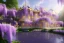 Placeholder: a magical crystal flower wisteria pink gold house palace in the woods, magnolias pink,blue lake,sun,white swanns,pink vertical, blue lake,sharp, vines, candlelit, endor, ornate, elegant, highly detailed, artstation, concept art, smooth, sharp focus, illustration, 8k, splash art, wallpaper, key visual