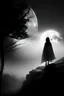 Placeholder: scene, black an white, forest fog, superbig full moon, woman on a rock, tim burton character, woman wiht cape and hood