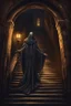 Placeholder: A hatefull Lich descending the stairs up to a tempel in a medieval city. Horror setting. fantasy art,