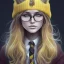 Placeholder: Girl with long wavy brown blond hair, yellow hawk eyes. Wears Hogwarts Hufflepuff uniform, sunglasses with a yellow clip. She has a snowy owl with yellow eyes on her shoulder.