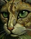 Placeholder: Detailed Surreal Portrait of cat with green eyes by Van Gogh in muted colors.
