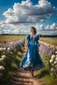 Placeholder: fullbody girl makeup wearing a victorian midi dress walking in country side ,flowers ,pretty clouds in blue sky