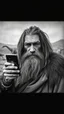 Placeholder: An old picture style of black and white mono very bad quality looks very old camera picture with cracks of a Neanderthal man with long dirty hair and beard wearing an animal skin cloths holding an IPhone the year 1900 in the background from a distance dinosaurs