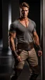 Placeholder: ultra realistic photograph of a muscular male warrior with short light brown hair and steel gray eyes wearing a loose fitting shirt