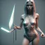 Placeholder: full body portrait of woman in the style of unreal engine, Kidmograph, Gustavo Torres, 3d sculpted, mdjrny-v4 style, highest quality render, cinema 4d, zbrush, flowing hair, perfect face, holding bloody knife, fighting stance, wearing torn bikini and military boots with perfect legs, a beautiful digital painting of futuristic cyberpunk city lighting,