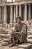 Placeholder: A Roman citizen of the third century, a 30-35-year-old man with kind eyes and a slight smile in poor clothes with a cross around his neck, sits on stones and writes on a papyrus scroll. He is sitting against the background of the ruins of Rome, against the background of the temple of Athena. High-quality 8K image in watercolor technique
