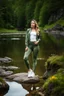 Placeholder: fullbody shot of young-beautiful-girl-with-a-perfect-face-with-make-up-wearing- sport pants and jacket standing ,geen hills ,nice nature environment ,wild flowers,clean water river with colorfull rocks in floor