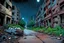 Placeholder: comic book style, zombie apocalypse abandoned ruined overgrown city seen from afar, rubble and trash on the sidewalk, destroyed buildings, large road with abandoned destroyed cars on it, night, rain