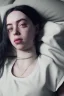 Placeholder: Billie Eilish, on the bed, in my underwear, pale skin, high detail, realistic, 8k, not to be distinguished from a photo