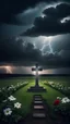 Placeholder: a lonely grave with a cross and flowers in the middle of a night field against the backdrop of gloomy thunderclouds