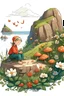 Placeholder: a little boy rests by the sea and has a forest and flowers and dwarfs next to him