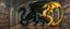 Placeholder: master oil painting by Escher and Giger, black dragon and golden dragon inside library