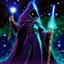 Placeholder: hooded sage with galaxy stars instead of face holding metal sceptre in crystal castle 90's tcg art