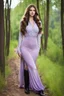 Placeholder: full body standing beautiful 20 year old girl with ash brown hair and blue eyes with her long hair down,curvy body , wearing a sleeved shirt and nice sarifon dress, and lilac long leggings, with long black boots full body shot,country side among trees