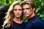 Placeholder: handsome man with light brown hair, tall muscular rugged handsome, wearing navy mechanics shirt, holding a beautiful delicate sweet young woman with honey colored hair wearing a pink sweater, close up shot, romantic, fine details, high resolution, attention to detail, eyes open, standing in front of a background with dense green foliage and vines