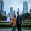 Placeholder: future modern city center park a pertty couple with modern clothing standing and posing to camera