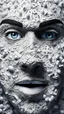 Placeholder: A balled face in details . The texture of the face is a collage of many 3D white random letters covering the whole face and the eyes are covered by two eggs