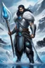 Placeholder: 1 mana warrior, with blue eyes and black hair man in silver Viking armor with fur around the neck with blue crystal on his chest , standing in water in the artic, holding a ice axe, warrior in anime style,