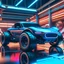 Placeholder: Create a 3D render style poster featuring a little RC Cart close-up, standing in front of a V12 engine luxury car. The background milieu is futuristic and synth wave-inspired. The viewing angle is unlike the original because it is seen from the side.