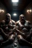 Placeholder: full body shot photography, two muscular chubby ugly burly marocan men , sweat, bulge, masculine hairy 54 year old man, bald, manly chest, curly beard ,big shoulders, big arms, big legs, bulge,, ambient occlusion , lying down sleeping in a steamy Sauna, super high resolution, 8k, dim light, side light, ultra hyper realistic, frontal view