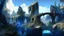 Placeholder: ruined gothic village with waterfall, bridges, trees, next to lake, rocks, with blue sky